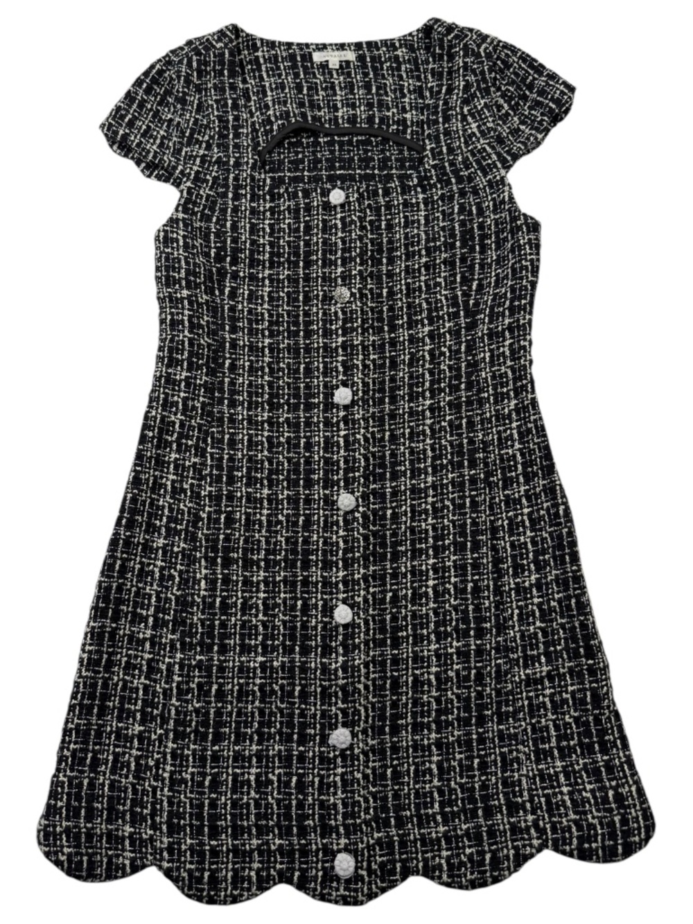 Noralee Gabrielle Tweed Dress XS Black White Scallop Rhinestone Buttons